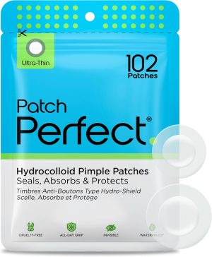 مجموعة رقع بثور غير مرئية من 102 قطعة - رقع صغيرة من مادة غروانية مائية تسرع الشفاء وتمتص السوائل لعلاج البثور، ملصقات نباتية سريعة المفعول للتخلص من البثور وحب الشباب من باتش بيرفكت، (مقاسين)