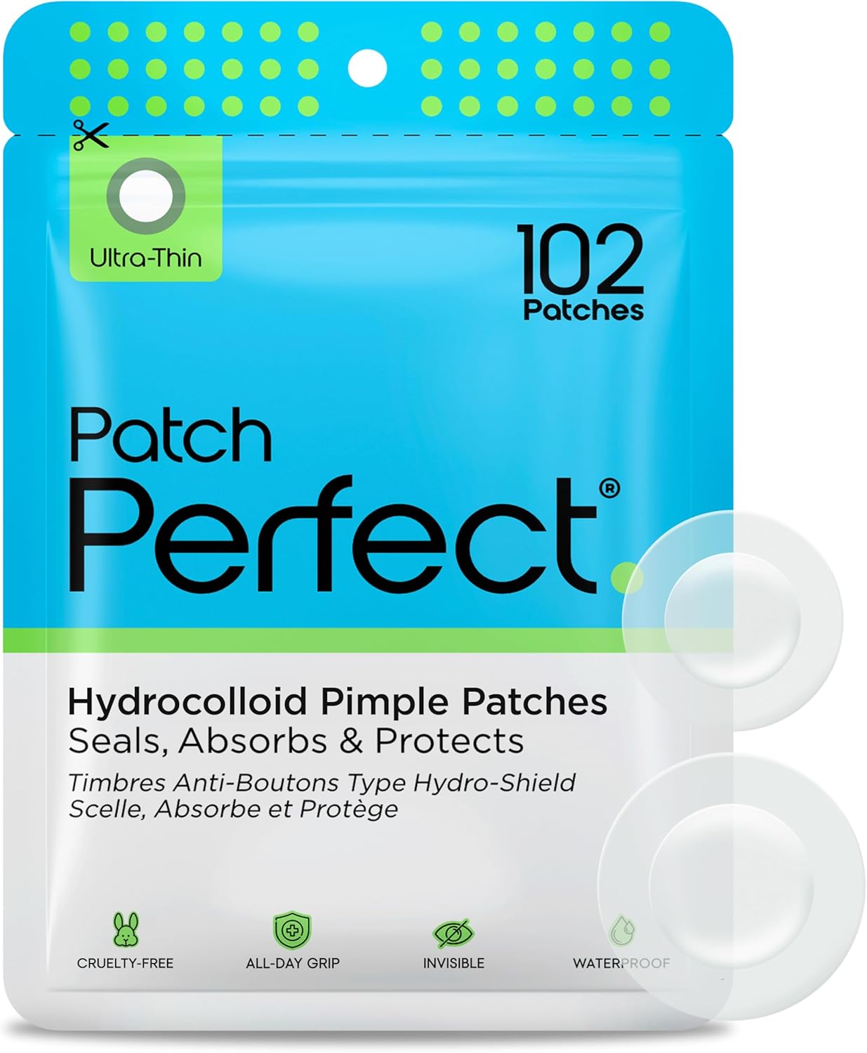 مجموعة رقع بثور غير مرئية من 102 قطعة - رقع صغيرة من مادة غروانية مائية تسرع الشفاء وتمتص السوائل لعلاج البثور، ملصقات نباتية سريعة المفعول للتخلص من البثور وحب الشباب من باتش بيرفكت، (مقاسين)
