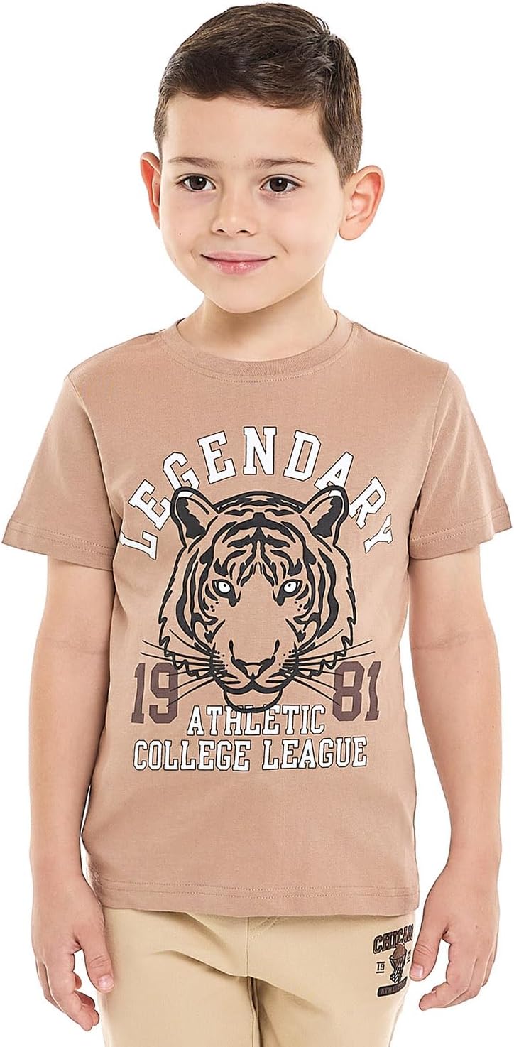 تيشيرت مطبوع بقبة دائرية ضيقة وأكمام قصيرة طراز 325-0145KB184-1 للأولاد من ار اند بي