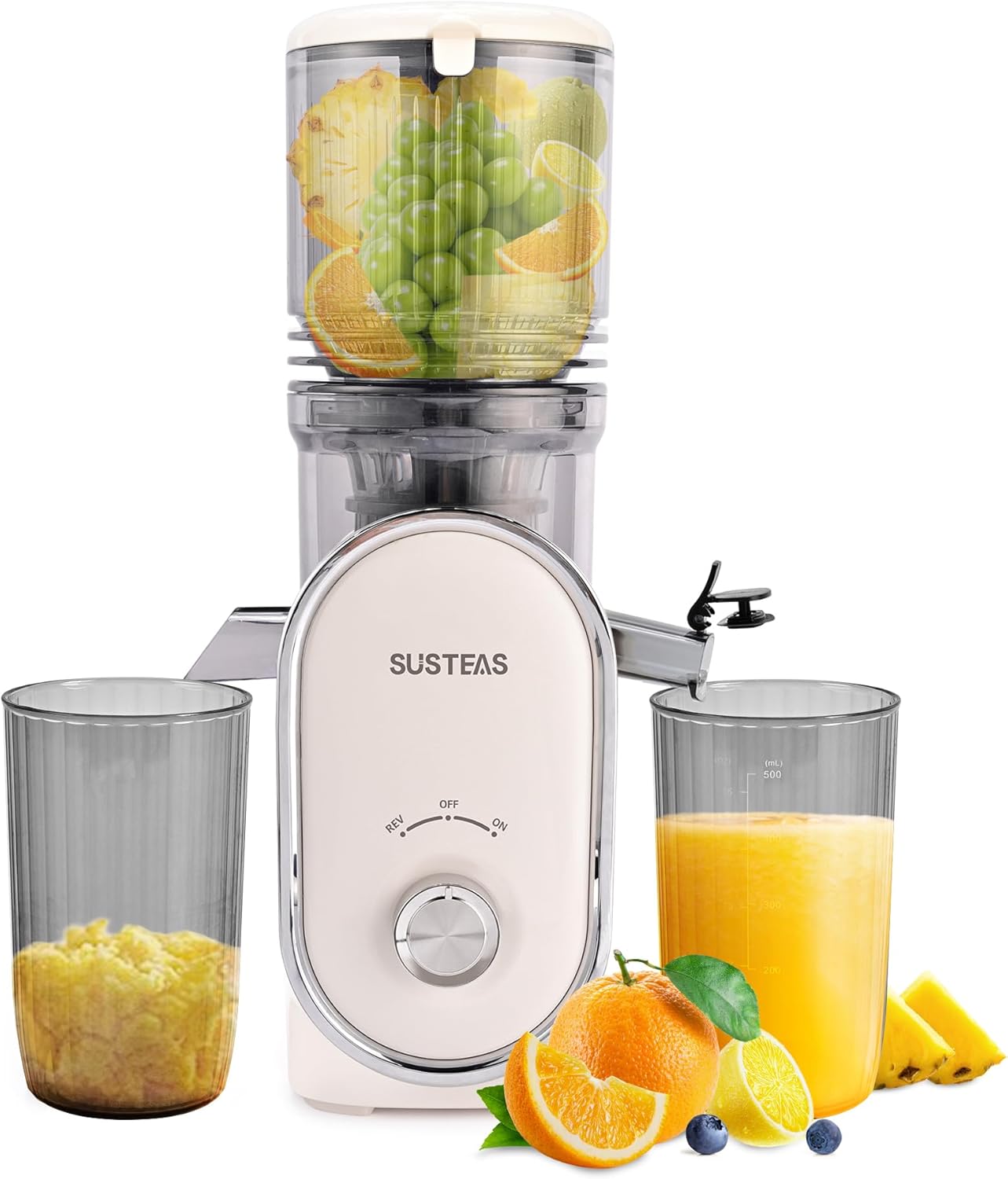 عصارة بالضغط البارد من سوستياس، الة مضغ بطيئة 5.3 انش بقدرة 300 واط، مناسبة للفواكه والخضروات الكاملة، سهلة التنظيف، اداء عصير عالي، ابيض