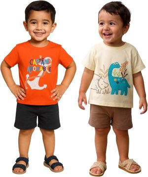 LUAY 100% Organic Cotton Baby Boy & Girls Clothing Set Short Sleeve Kids Clothes Boys & Girls Toddler Short Set Cute Animal Print Combo Pack Of 2 Top and Shorts Outfit For New born