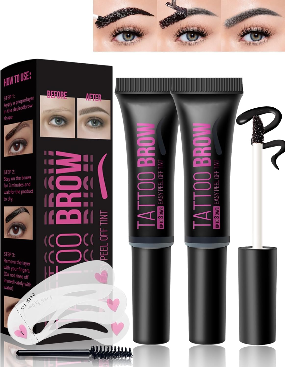 جل تاتو حواجب قابل للتقشير، جل حواجب ملون رمادي يدوم طويلا ومقاوم للماء ويدوم حتى 3 ايام، مقاوم للانتقال مع استنسل حواجب وفرشاة تطبيق متضمنة، عبوة من قطعتين