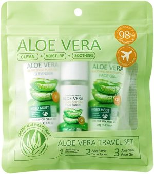 مجموعة العناية بالبشرة من 3 قطع من الالوفيرا - منظف وجل للوجه وتونر لجميع انواع البشرة - مرطب ومهدئ وترطيب - مجموعة مناسبة للسفر مع مستخلص الصبار العضوي والنياسيناميد وبيتا جلوكان