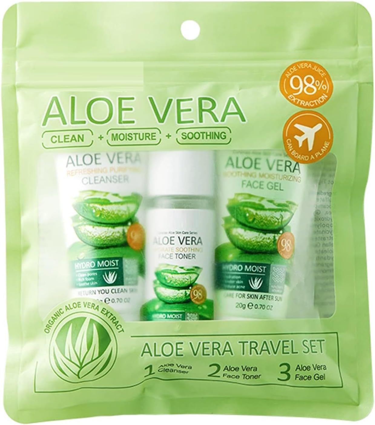 مجموعة العناية بالبشرة من 3 قطع من الالوفيرا - منظف وجل للوجه وتونر لجميع انواع البشرة - مرطب ومهدئ وترطيب - مجموعة مناسبة للسفر مع مستخلص الصبار العضوي والنياسيناميد وبيتا جلوكان