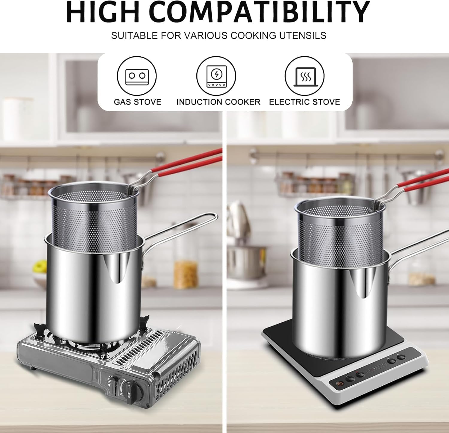 وعاء قلي عميق صغير من الستانلس ستيل مع مقبض وسلة مصفاة امنة غذائيا، وعاء طهي طعام محمول للقلي والبطاطس المقلية من يس ماكس 4 وعاء قلي عميق صغير من الستانلس ستيل مع مقبض وسلة مصفاة امنة غذائيا، وعاء طهي طعام محمول للقلي والبطاطس المقلية من يس ماكس - الصورة 4