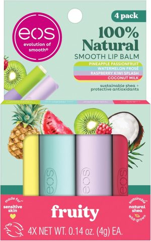 EOS مرطب شفاه طبيعي 100% - حليب جوز الهند والاناناس والباشن فروت والبطيخ فروسي وتوت العليق الكيوي، للعناية بالشفاه طوال اليوم، 0.14 اونصة، 4 قطع