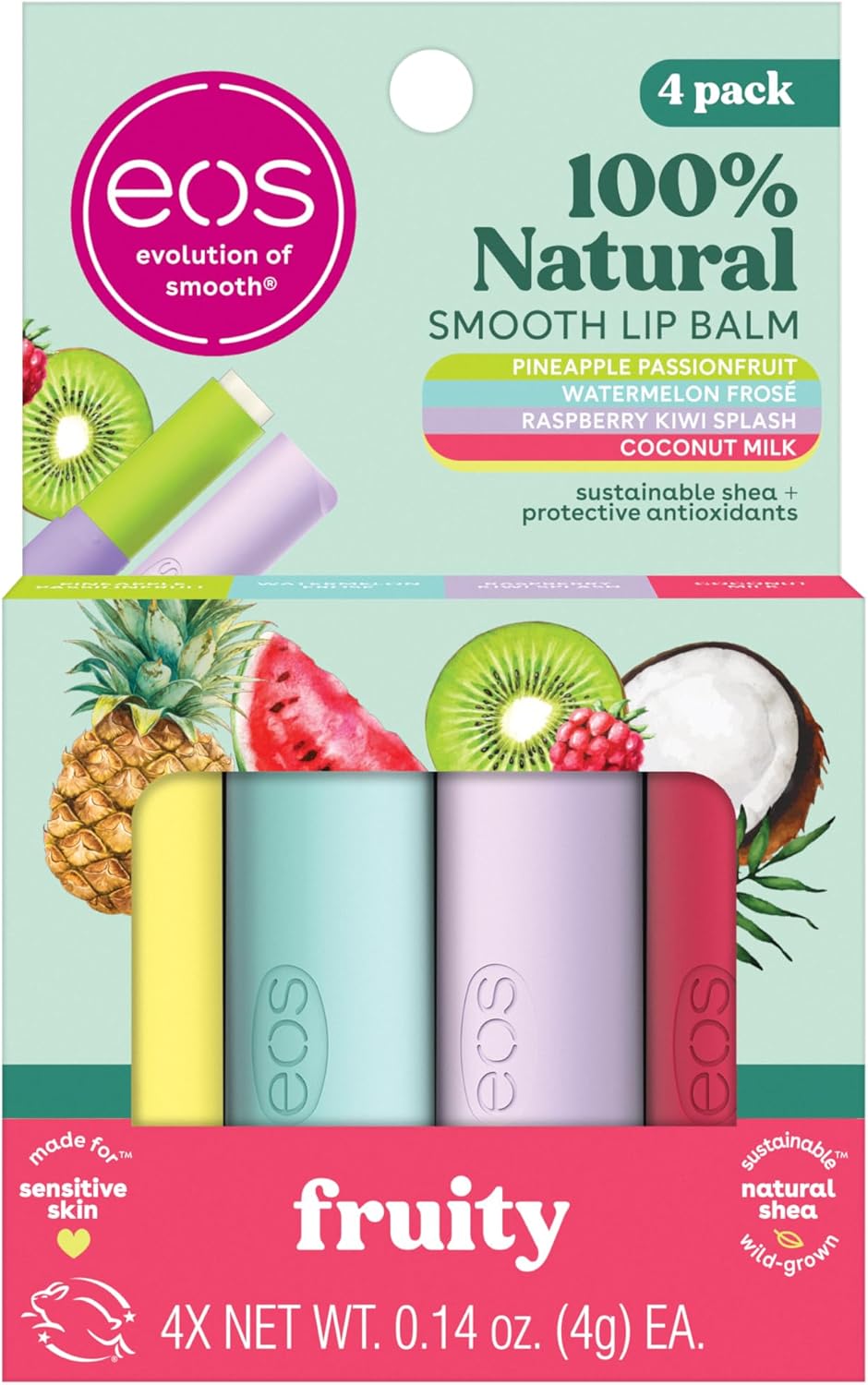 EOS مرطب شفاه طبيعي 100% - حليب جوز الهند والاناناس والباشن فروت والبطيخ فروسي وتوت العليق الكيوي، للعناية بالشفاه طوال اليوم، 0.14 اونصة، 4 قطع
