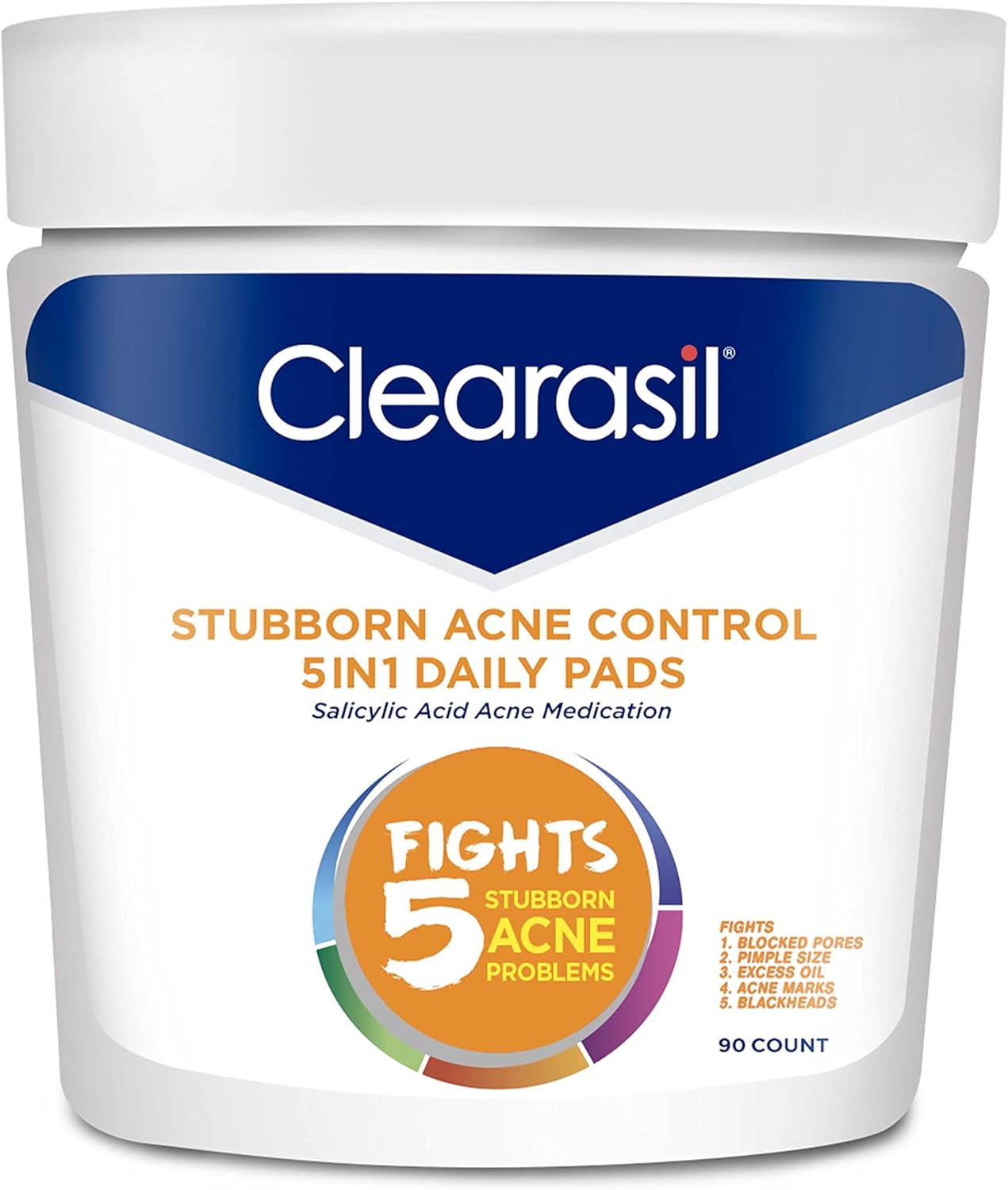 Clearasil Stubborn Acne Control 5in1 Daily Facial Cleansing Pads, 90 Count (Packaging may vary)