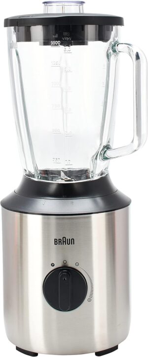 براون خلاط 800 واط سعة 1.5 لتر إبريق زجاجي سرعات متغيرة وظيفة النبض زجاجاتين سموثي تو جو 0.600 آمن للغسل في غسالة الأطباق JB3272SI فضي