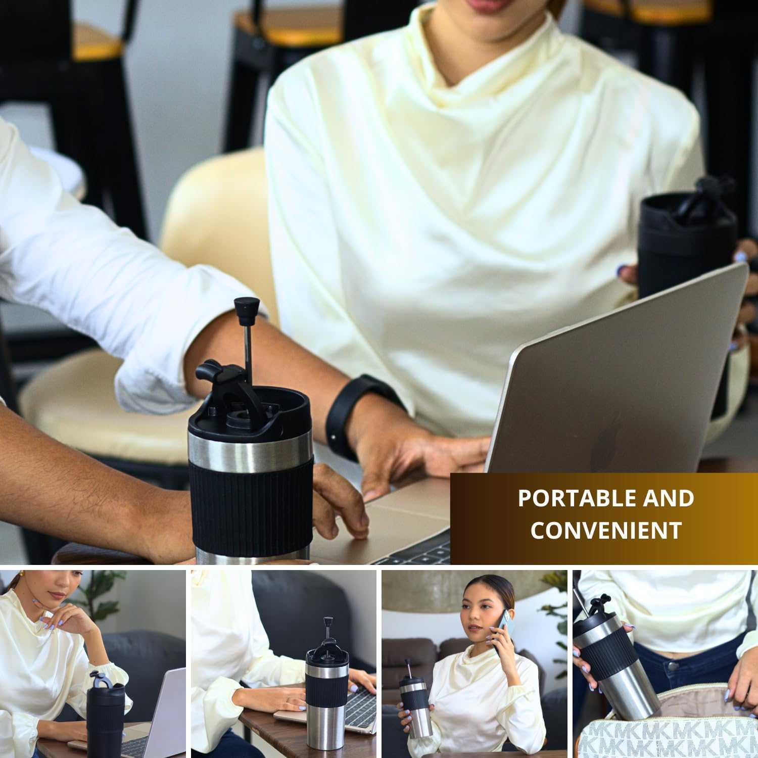 كوب قهوة 2 في 1 بمكبس فرنسي من الفولاذ المقاوم للصدأ مع جدار مزدوج يجمع بين وظيفة صنع القهوة والسفر مزود بغطاء محكم ضد التسرب وخالي من مادة BPA من تزويق، 473 مل 3 كوب قهوة 2 في 1 بمكبس فرنسي من الفولاذ المقاوم للصدأ مع جدار مزدوج يجمع بين وظيفة صنع القهوة والسفر مزود بغطاء محكم ضد التسرب وخالي من مادة BPA من تزويق، 473 مل - الصورة 3