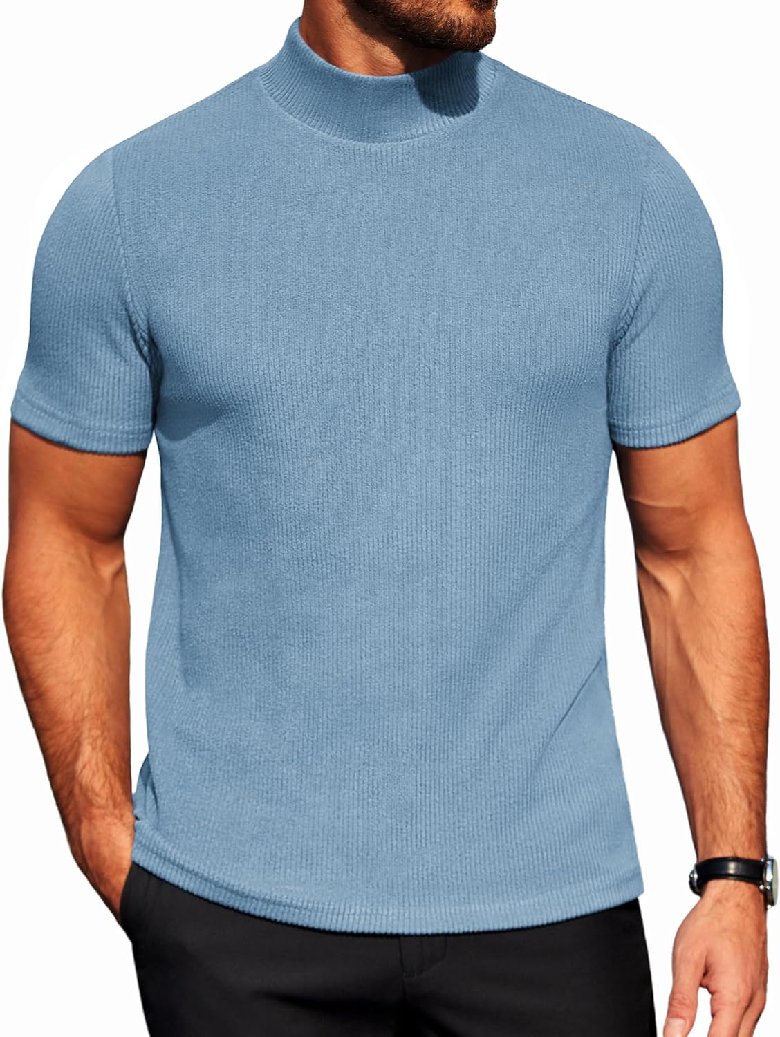 COOFANDY Mens Mock Turtleneck Sweater Short Sleeve Turtle Neck Sweaters Casual Ribbed Knited Pullover Tops Solid Basic Tee