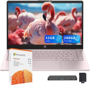 HP Stream 14" HD Laptop, Intel Celeron N150, 32GB RAM, 288GB Storage (128GB eMMC + 160GB SSD Docking Station Set), Intel UHD Graphics, HD Webcam, WiFi, Bluetooth, 1 Year Office 365, Win 11 S, Pink