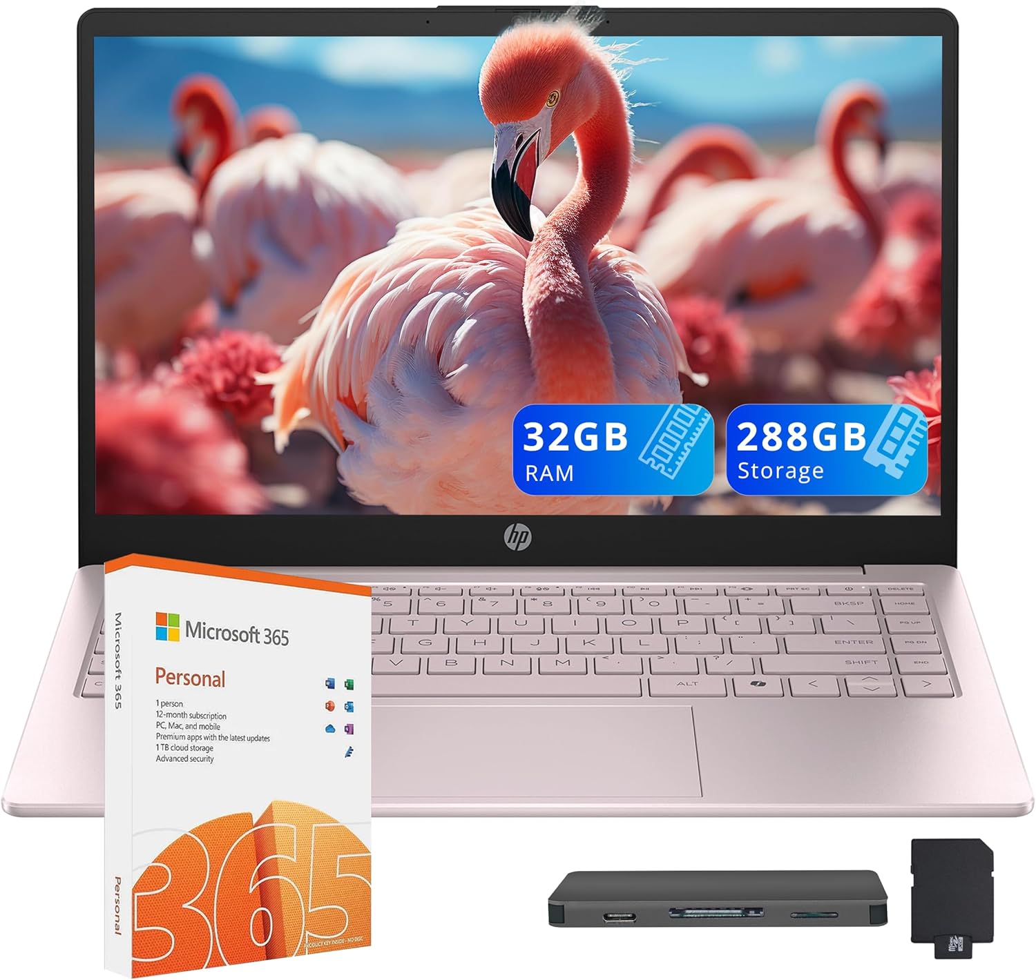 HP Stream 14" HD Laptop, Intel Celeron N150, 32GB RAM, 288GB Storage (128GB eMMC + 160GB SSD Docking Station Set), Intel UHD Graphics, HD Webcam, WiFi, Bluetooth, 1 Year Office 365, Win 11 S, Pink