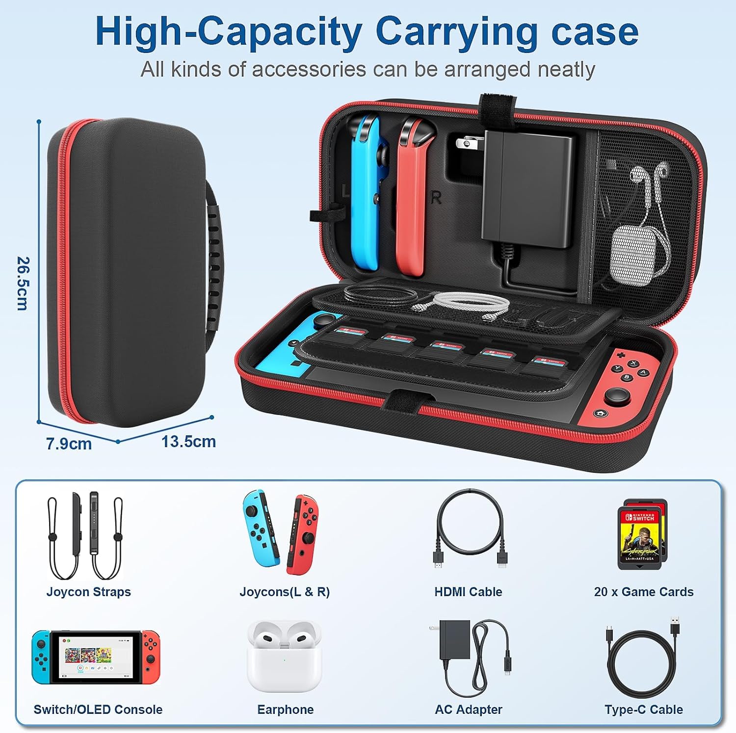 ALMEKAQUZ Carrying Case Compatible with Nintendo Switch/OLED,Compatible with Joycon and AC Adapter,Portable Compact Storage Box,Carrying Travel Bag for Accessories Holds,20 Game Cartridge(Black) 2 ALMEKAQUZ Carrying Case Compatible with Nintendo Switch/OLED,Compatible with Joycon and AC Adapter,Portable Compact Storage Box,Carrying Travel Bag for Accessories Holds,20 Game Cartridge(Black) - الصورة 2