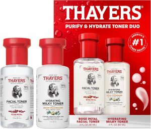 مجموعة عناية لتنقية وترطيب البشرة مكونة من تونر للوجه بماء الورد لتصغير المسام وتونر حليبي مرطب لترطيب لمدة 48 ساعة من ثايرس، مجموعة واحدة للعناية بالبشرة