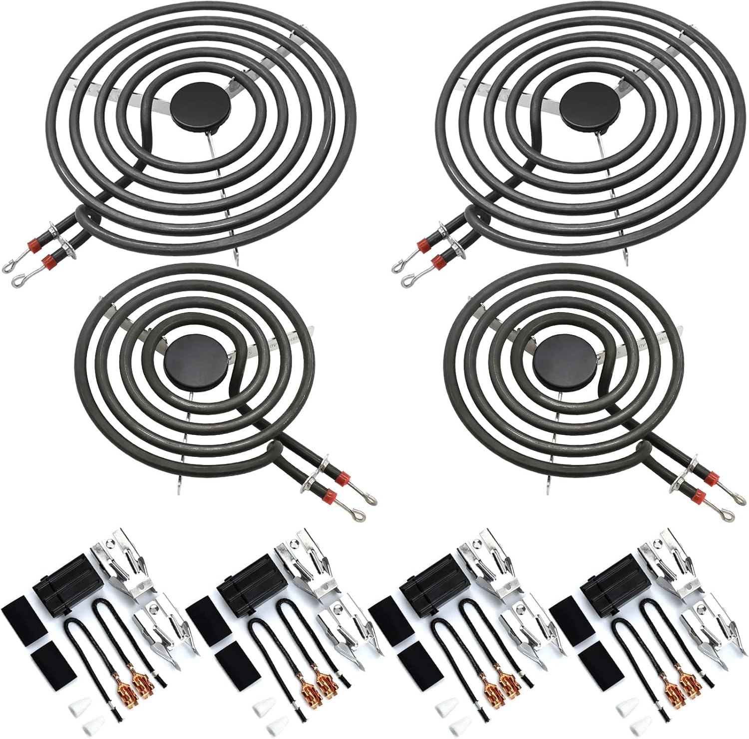 AMI PARTS MP22YA Electric Range Burner Element Unit Set（2 pcs MP21YA 8" & 2 pcs MP15YA 6"）with 4pcs 330031 Range Burner Receptacle Kit Fit for Whirl-pool Ken-more Stoves Replace WP660532, WP660533