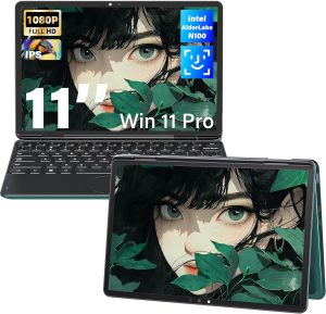 لابتوب 2 في 1 قابل للتحويل بشاشة لمس 11 انش للاعمال والطلاب ومعالج تل N100 وذاكرة RAM DDR4 16G وSSD 1TB FHD 1920×1200 IPS وويندوز 11 برو وكيبورد باضاءة خلفية وفتح الوجه وواي فاي ونوع C وHDMI صغير