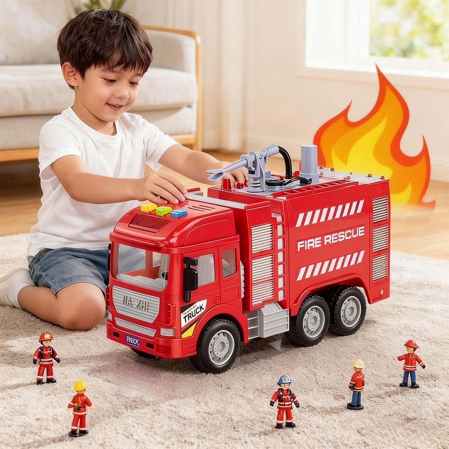 لعبة سيارة إطفاء للأطفال متعددة الوظائف مع سلم وجرافة وخرطوم مياه محاكي وأصوات واقعية بتصميم آمن ومتين، مزودة بمنصة دوارة 360 درجة وتشغيل بالاندفاع الذاتي، قطعة واحدة