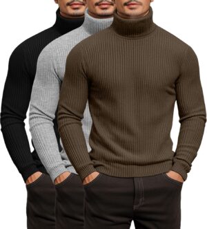 بلوفر مضلع برقبة دائرية مرتفعة مطوية وأكمام طويلة، بلوفر أساسي منسوج خفيف الوزن للرجال من لوكوواي، طقم من 3 قطع