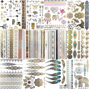 سيوسى 12 ورقة اكثر من 130 نمط ذهبي للوشم المؤقت للنساء والفتيات والمراهقات، ملصقات تاتو فلاش ومجوهرات وهمية للمهرجانات للبالغين، تاتو معدني لامع صيفي، ملصقات فنية للجسم بوهيميا ماندالا