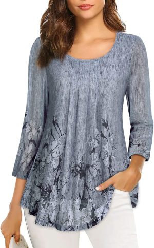 بلوزة طويلة للنساء بأكمام 3/4 كاجوال فضفاضة بتصميم مشجر قميص شبكي بطيات من فالوليا