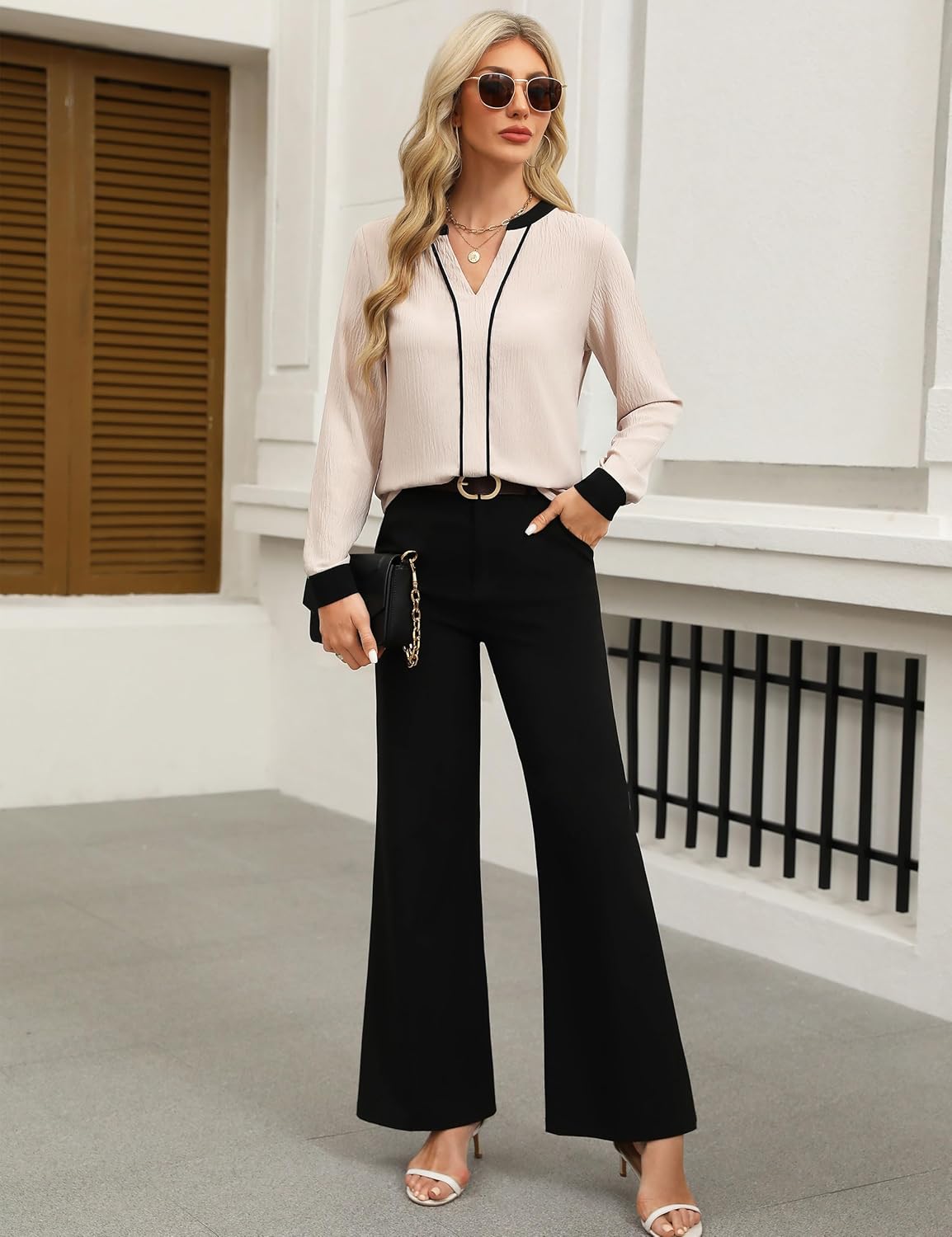 1768974310 بلوزة نسائية برقبة على شكل حرف V، قميص بكم طويل بالوان متعددة، بلايز كاجوال للعمل، قميص عمل أنيق، ملابس مكتب عصرية خريفية، مقاس XL