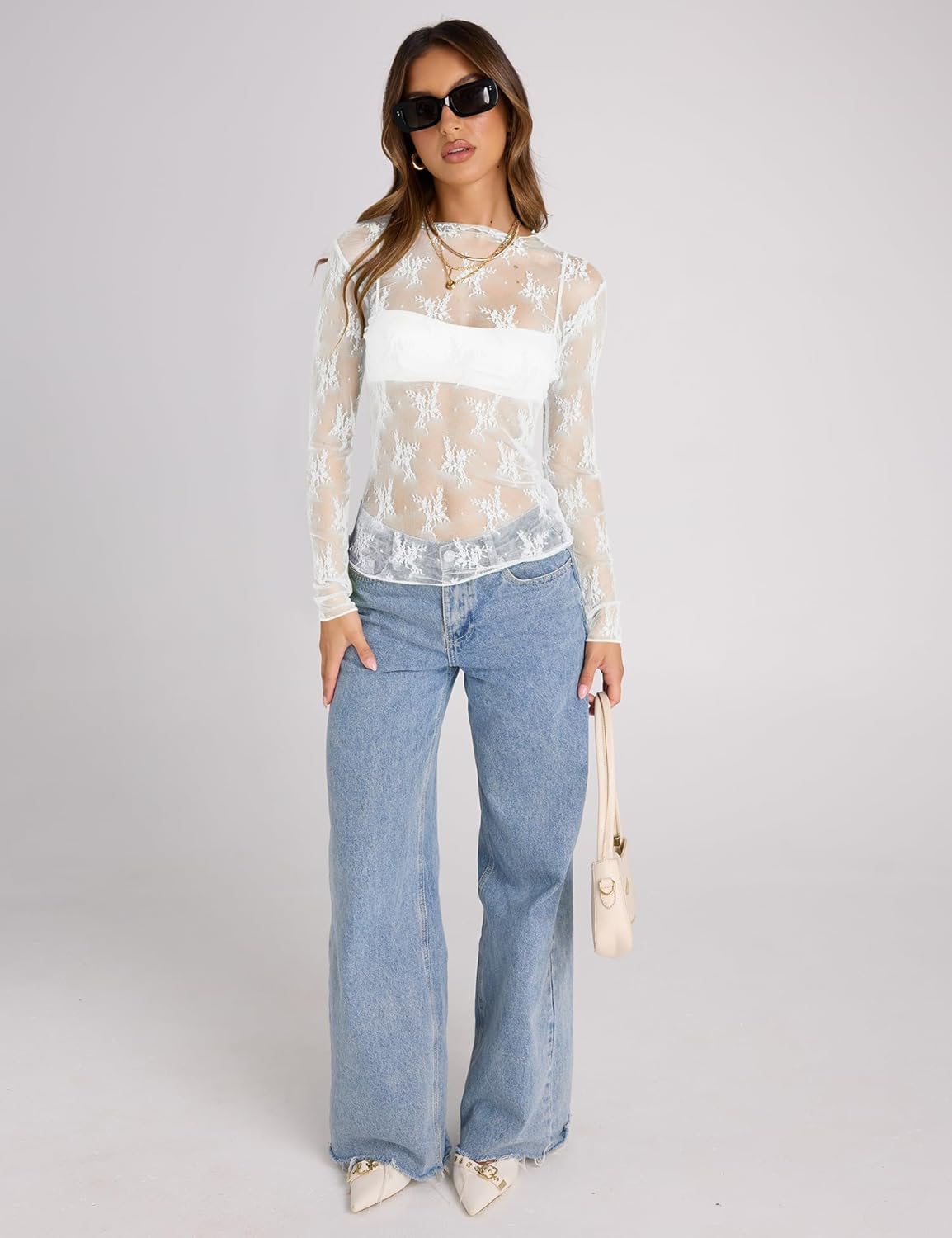 1769108593 KASTWAVE Womens Mesh Long Sleeve Top Sheer Blouse Y2K Sparkle See Through Turtleneck Tee Sexy Clubwear Layering Piece for Street Style Slim Fit breathable Mesh White