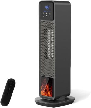 مدفاة كهربائية 1500 واط مع جهاز تحكم عن بعد، مدفاة كهربائية مع لهب ثلاثي الابعاد وتذبذب 90 درجة، مروحة سخان للاماكن الداخلية وشاشة رقمية وزر لمس وقفل للاطفال ووضع ايكو ومؤقت 12 ساعة