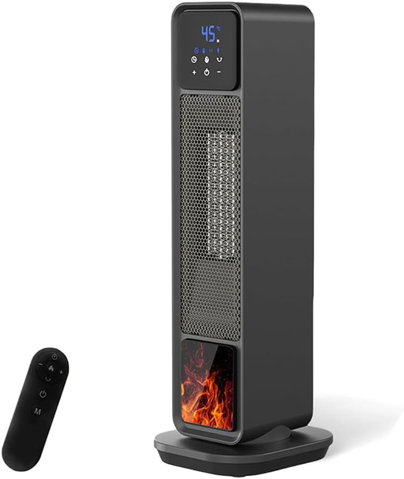 مدفاة كهربائية 1500 واط مع جهاز تحكم عن بعد، مدفاة كهربائية مع لهب ثلاثي الابعاد وتذبذب 90 درجة، مروحة سخان للاماكن الداخلية وشاشة رقمية وزر لمس وقفل للاطفال ووضع ايكو ومؤقت 12 ساعة