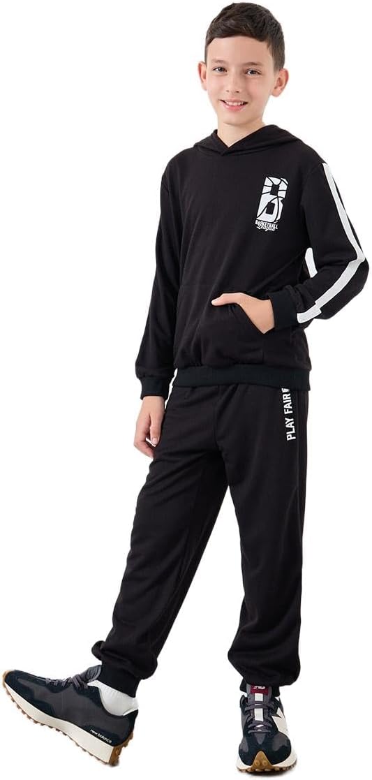 طقم سويت شيرت بغطاء للرأس وسروال رياضي للأولاد من ستايلي، لون أسود