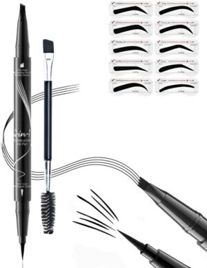 قلم حواجب 2 في 1 باطراف شوكة - قلم حواجب مقاوم للماء مع اطراف فائقة الدقة وتركيبة مقاومة للتلطخ، مكياج حواجب للحصول على مظهر طبيعي (يتضمن استنسل الحواجب وفرشاة) (اسود)