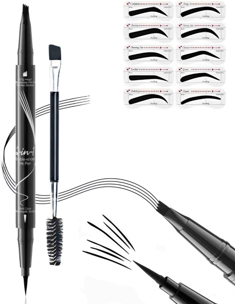 قلم حواجب 2 في 1 باطراف شوكة - قلم حواجب مقاوم للماء مع اطراف فائقة الدقة وتركيبة مقاومة للتلطخ، مكياج حواجب للحصول على مظهر طبيعي (يتضمن استنسل الحواجب وفرشاة) (اسود)