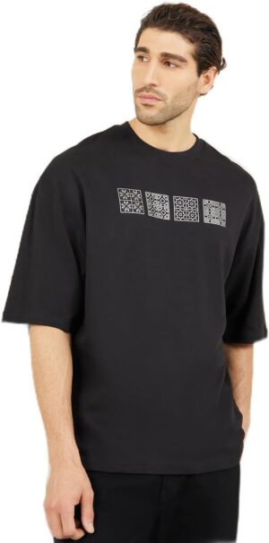 تي شيرت فاخر من قماش الجيرسيه الثقيل مطبوع عليه رقائق معدنية للرجال من ستايلي