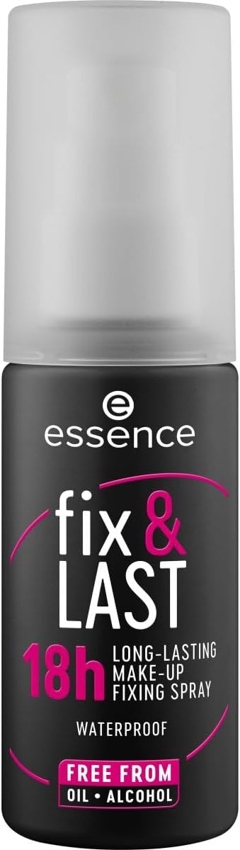 بخاخ فيكس اند لاست لتثبيت المكياج يدوم لمدة 18 ساعة من ايسنس، شفاف، غير لامع، نباتي، خالي من الزيوت والبارابين، بدون جزيئات بلاستيكية دقيقة، عبوة من قطعة واحدة (50 مل)