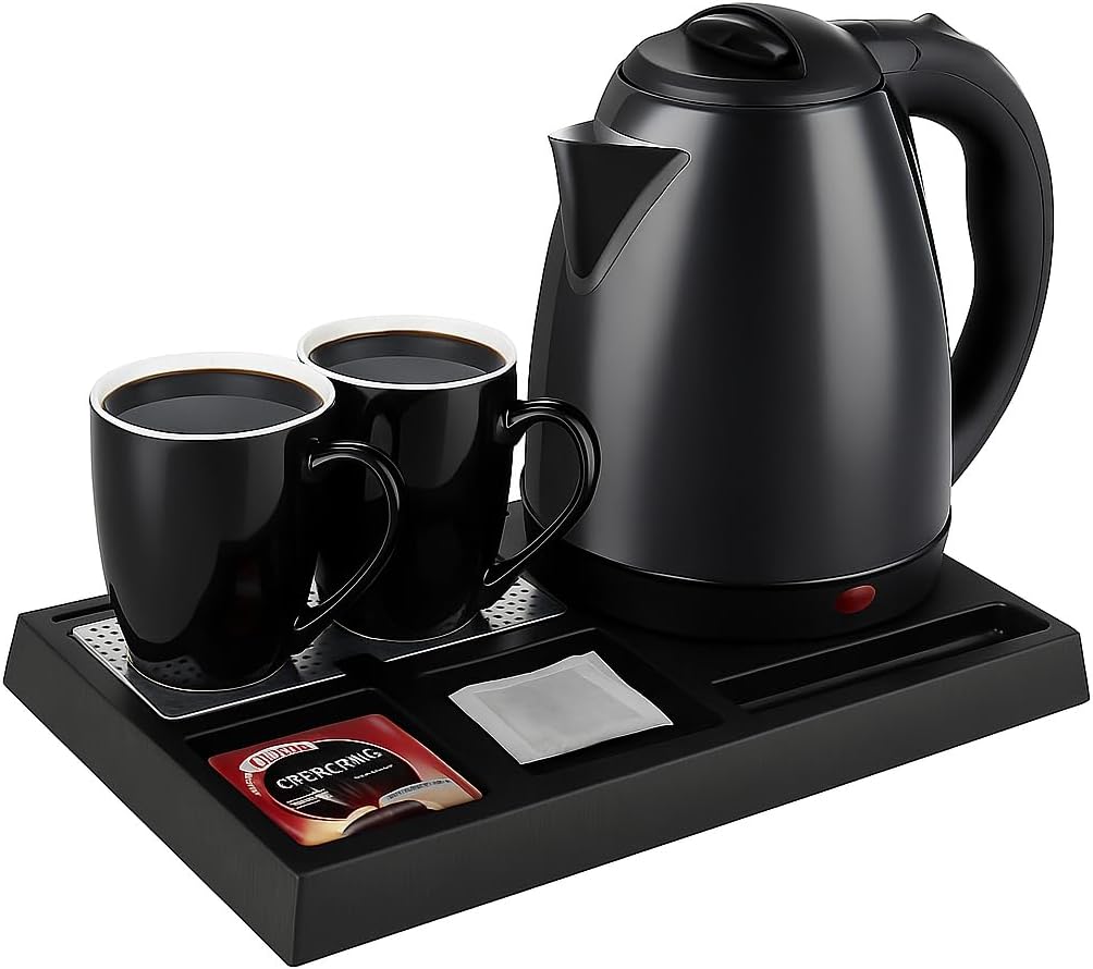 طقم غلاية ماء كهربائية سعة 1.8 لتر بقدرة 1500 واط من الاستانلس استيل مع 2 أكواب للشاي و القهوة و صيية تقديم | غلاية ماء للفنادق و المكاتب و المنازل | غلاية ماء فندقية