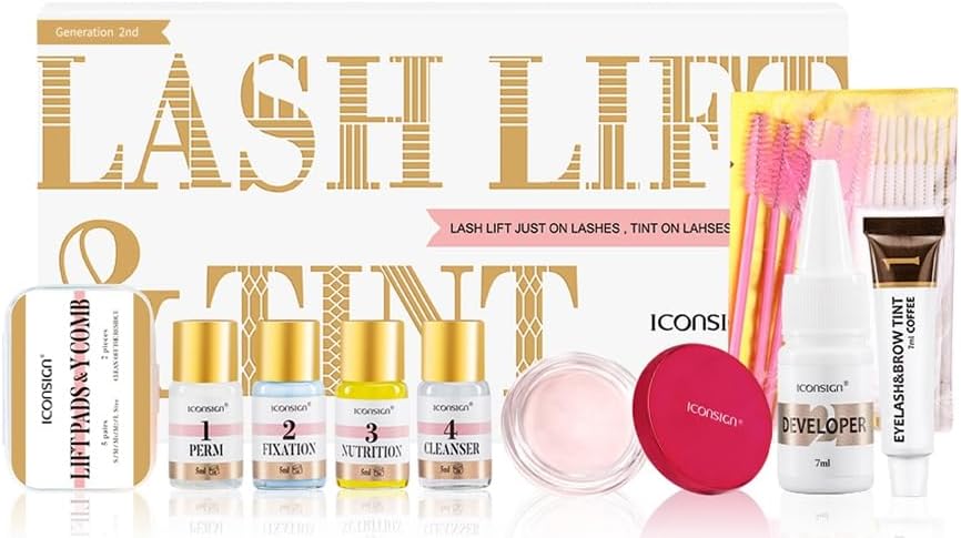 ايكونساين مجموعة رفع وتلوين الرموش والحواجب من الجيل الثاني - تصفيح احترافي للرموش والحواجب مع غراء بلسم وتلوين 5 مل - اسود وبني وبني - تركيبة لطيفة تدوم طويلا مع ادوات (صبغة كافية)