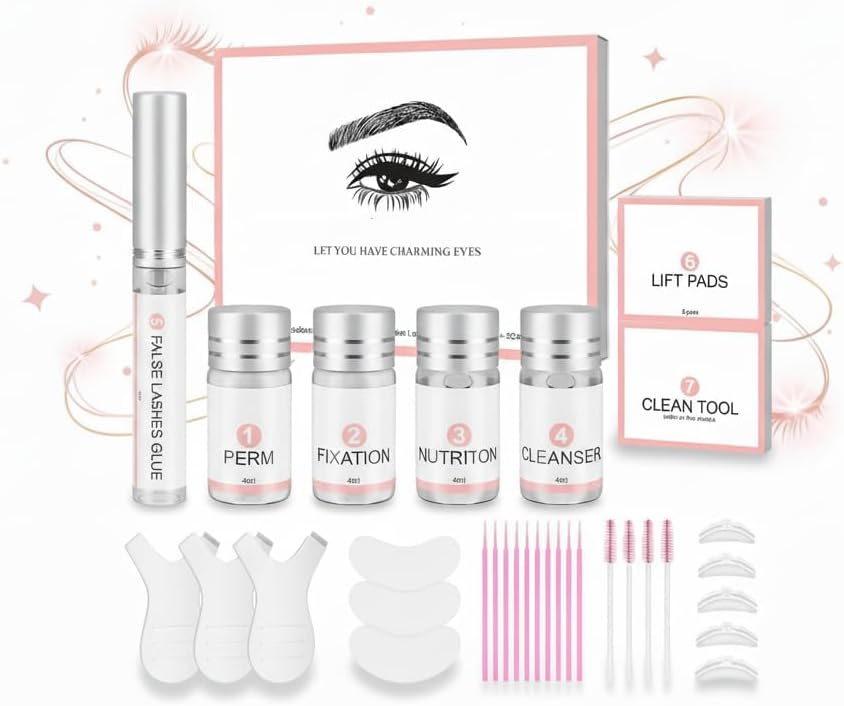 مجموعة رفع الرموش 2 في 1 وتصفيح الحواجب، مجموعة احترافية لرفع الرموش والحواجب للاستخدام المنزلي في صالونات التجميل والمنزل وتمويج الرموش ووصلات الرموش وتجعيد الحواجب، تدوم طويلا لمدة 6-8 اسابيع