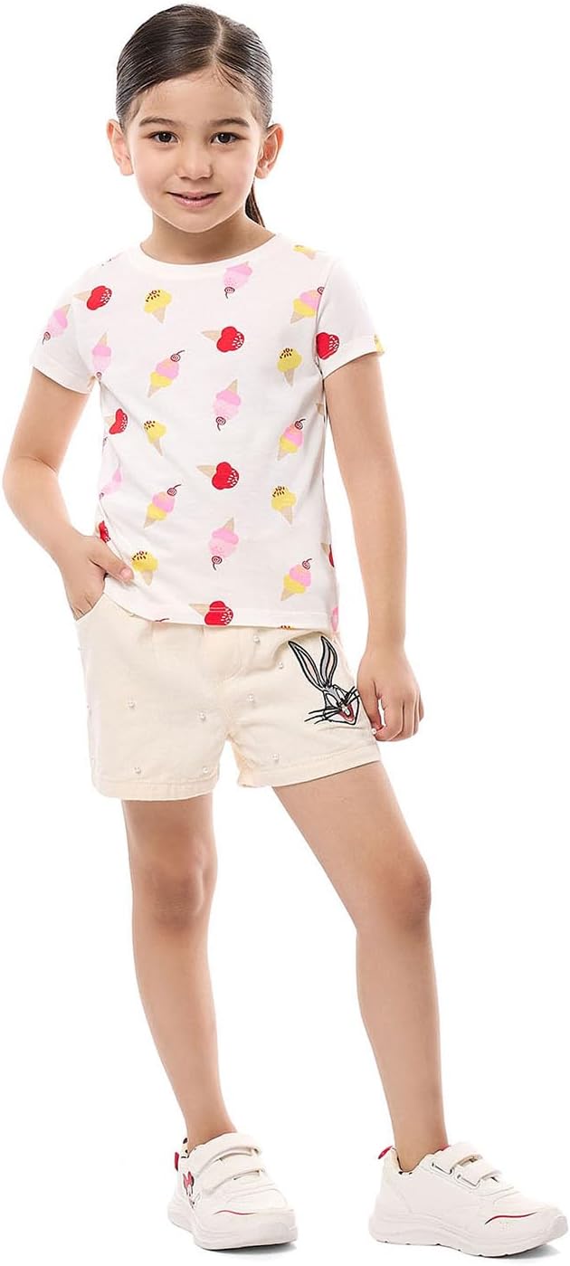 تيشيرت مطبوع برقبة دائرية ضيقة وأكمام قصيرة للبنات موديل 325-1368KG354-1 من ار اند بي