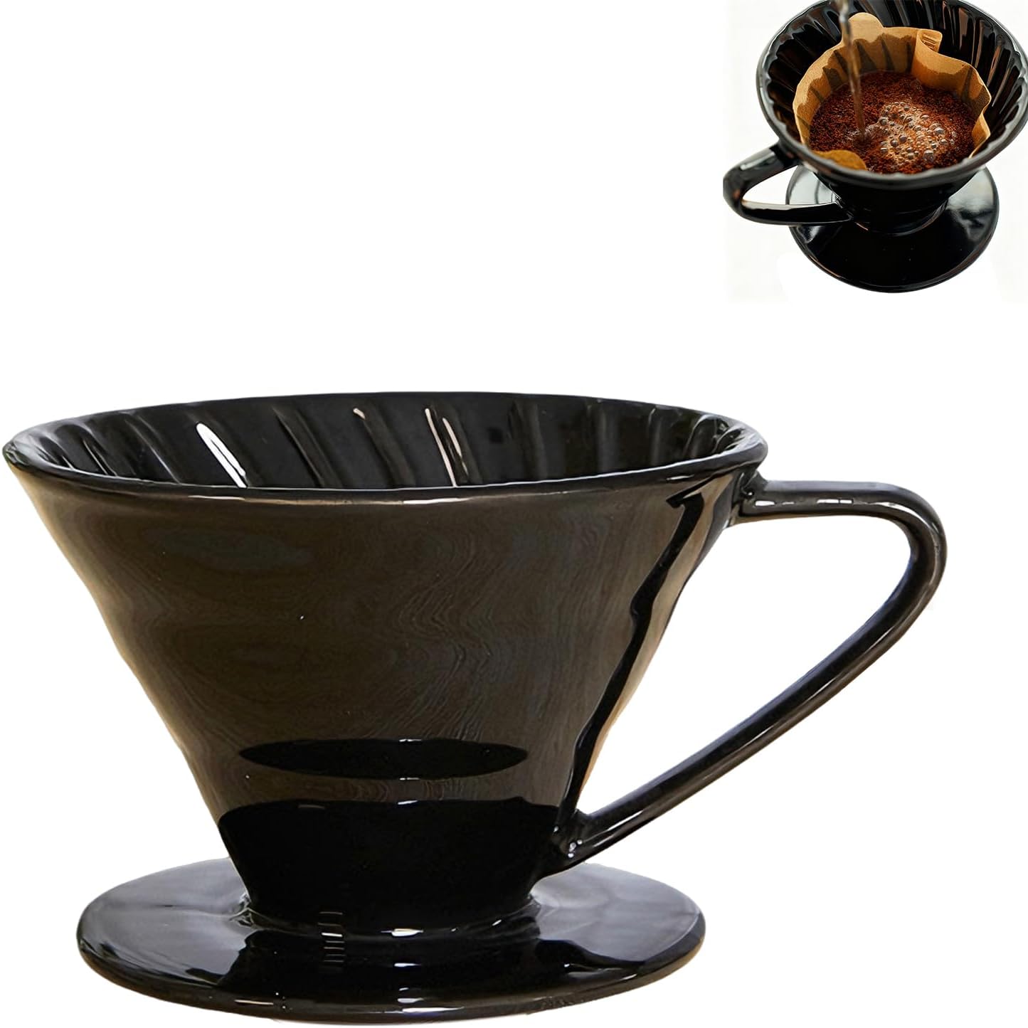 مصفي قهوة باور اوفر طراز سيراميك V60، بشكل مخروطي مشحون بدرجة حرارة عالية لتصفية دقيقة وتحضير قهوة بمذاق متقن من جود تول، لون أسود، مقاس كبير