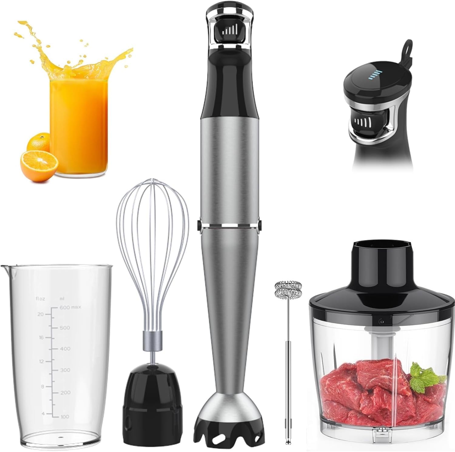 خلاط يدوي 5 في 1 بقدرة 1100 واط وسرعة متغيرة، خلاط مستحلب مع مفرمة وخفاقة وخفاقة لصنع الرغوة للحساء وطعام الأطفال والسموذي 8 خلاط يدوي 5 في 1 بقدرة 1100 واط وسرعة متغيرة، خلاط مستحلب مع مفرمة وخفاقة وخفاقة لصنع الرغوة للحساء وطعام الأطفال والسموذي