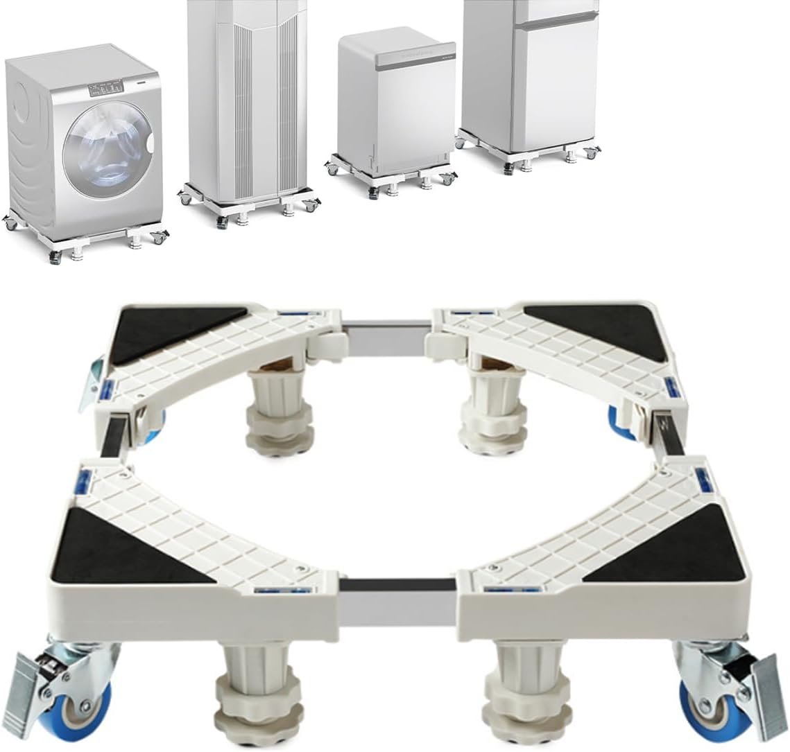 حامل قاعدة غسالة محمول عالمي مع 4 عجلات قفل و4 اقدام قوية، قاعدة تلسكوبية متحركة شديدة التحمل، عربة دولي مسطحة محمولة للمجفف والثلاجة والاثاث والاجهزة