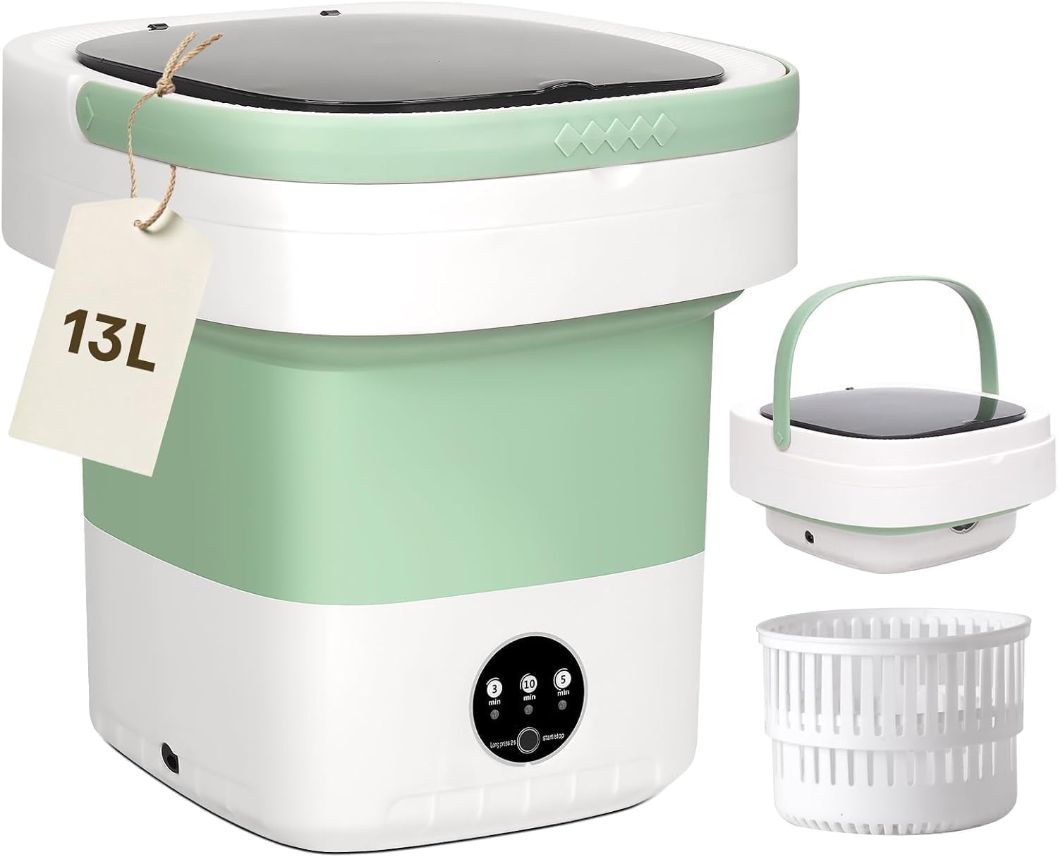 غسالة صغيرة محمولة بسعة كبيرة 13 لتر مع مجفف دوار، غسالة ملابس صغيرة قابلة للطي، غسالة ملابس صغيرة قابلة للطي للسفر وملابس الاطفال والملابس الداخلية والجوارب (اخضر)