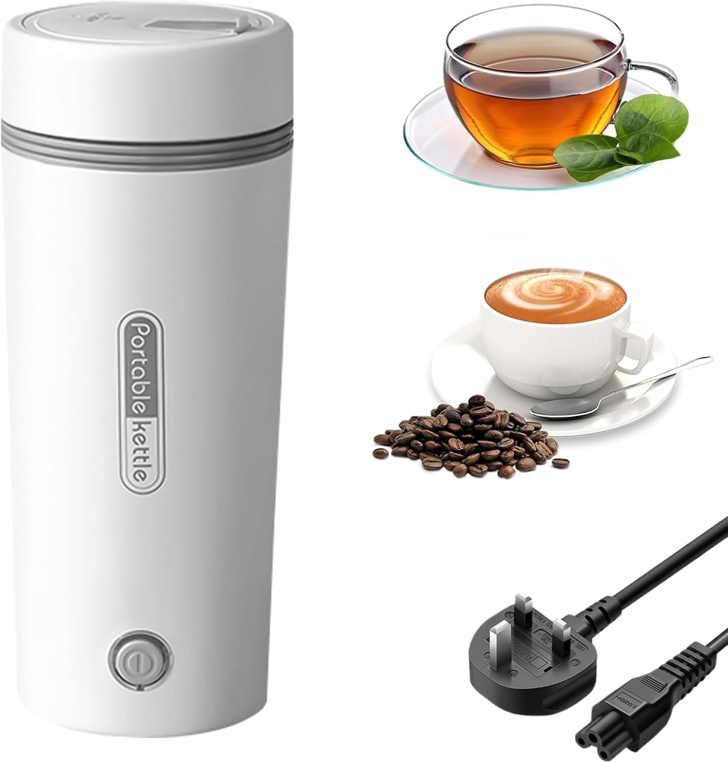غلاية شاي صغيرة محمولة للسفر من الستانلس ستيل 304 بخاصية الاغلاق التلقائي، كوب تسخين كهربائي محمول، سعة تسخين كوب واحد 400 مل (أبيض)