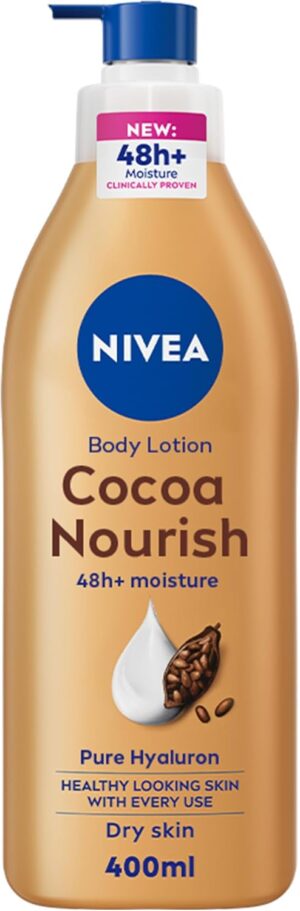 NIVEA Body Lotion Moisturizer for Dry Skin, 48h Moisture Care, Cocoa Butter Vitamin E, 400ml Package design may vary