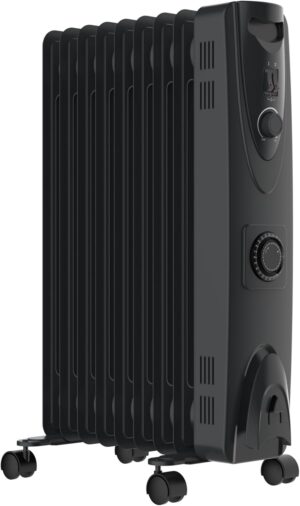 MYLEK Oil Filled Heater Radiators 2000W, Electric Portable Black Heaters, Adjustable Thermostat And 24Hr Timer, 3 Heat Settings, Energy Efficient, Safety Tip Over Protection (2KW Black)