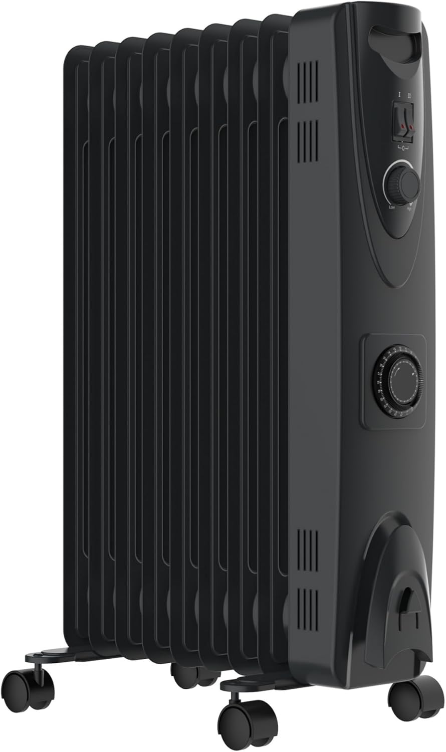 MYLEK Oil Filled Heater Radiators 2000W, Electric Portable Black Heaters, Adjustable Thermostat And 24Hr Timer, 3 Heat Settings, Energy Efficient, Safety Tip Over Protection (2KW Black)