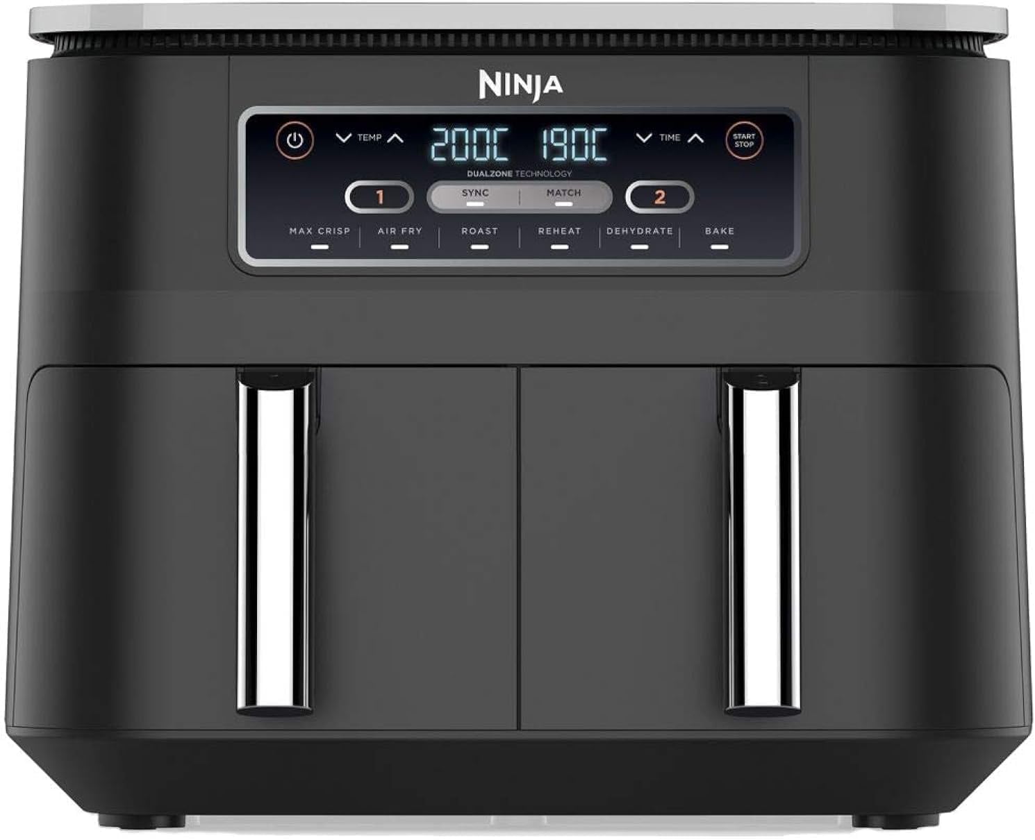 Ninja Foodi Dual Zone Digital Air Fryer, 2 Drawers, 7.6L, 6-in-1, Air Fry, Max Crisp, Roast, Bake, Dehydrate, Cooks 4-6 Portions, Non-Stick, Dishwasher Safe Baskets, Black, AF300ME, 2 Years Warranty