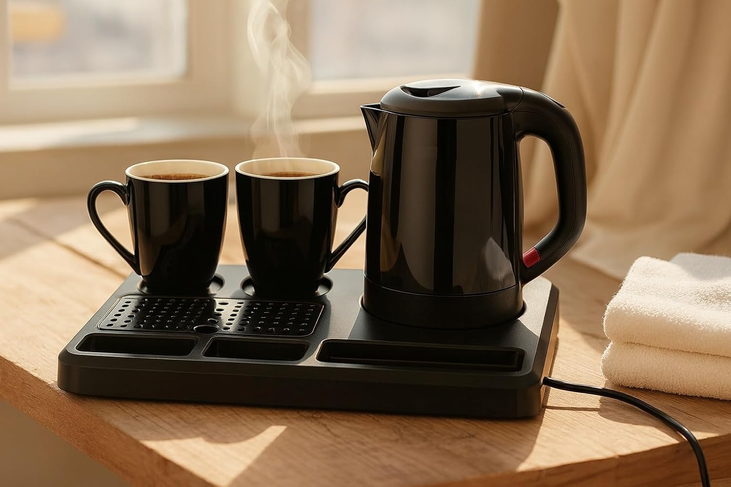 طقم غلاية كهربائية وطاولة قهوة - 0.8 لتر مع كوبين | 600 واط، حماية من الغليان الجاف، ضمان لمدة عامين | غلاية كهربائية من الستانلس ستيل مع كوبين | سعة 0.8 لتر، 600 واط، حماية من الغليان الجاف، ضمان