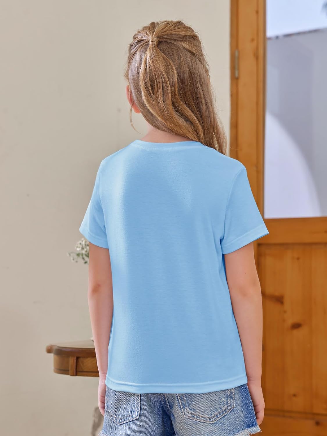 تيشيرتات صيفية باكمام قصيرة ورقبة دائرية ضيقة للبنات بعمر 5-14 سنة