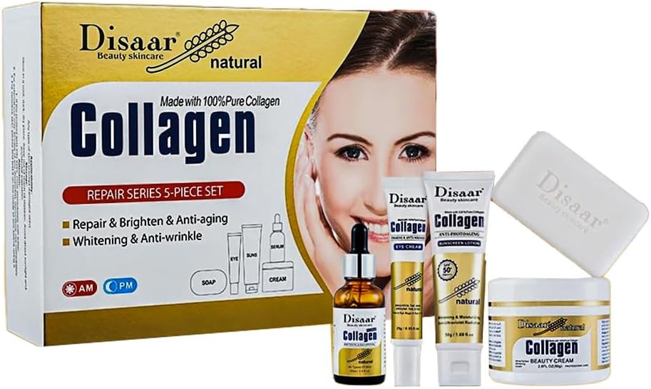 ديسار بيوتي مجموعة تفتيح البشرة طبيعية 100% مضادة للشيخوخة من الكولاجين، 5 قطع، كريم